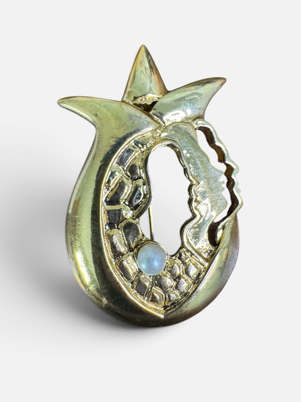 Sharon Lanciano 2003 Gold-Tone Pomegranate Brooch Pearl Accent Face Profiles